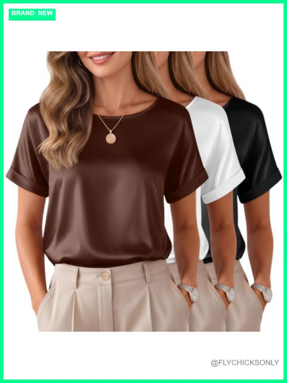 Satin Silk Blouses Short Sleeve Crew Neck Loose Fit Dressy Tops 3 Pack